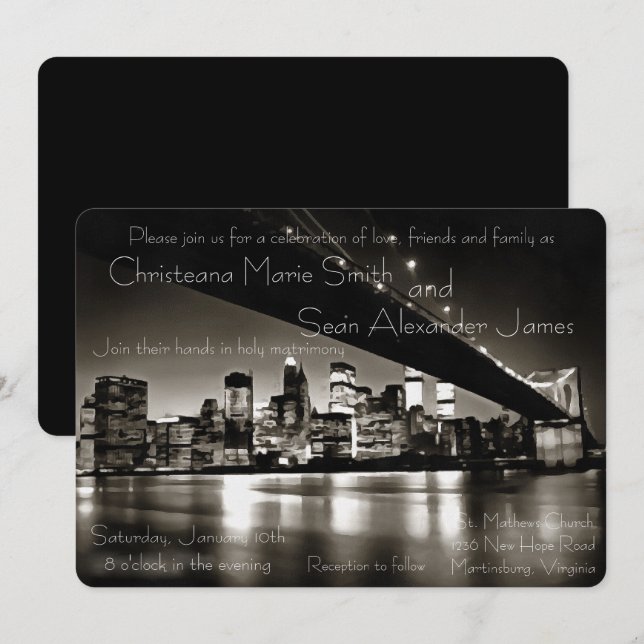 Modern Black and White New York at Night Invitation (Front/Back)