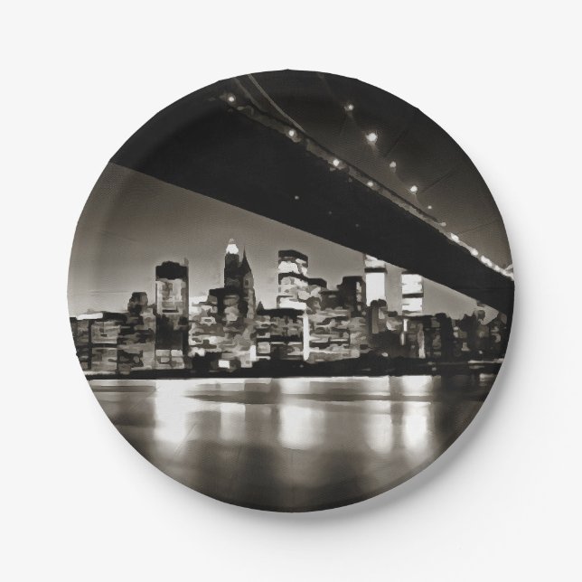 Modern Black and White New York at Night Paper Plate (Front)