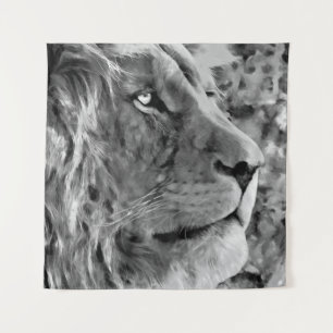 Modern black and white oil painting of king lion, tapestry