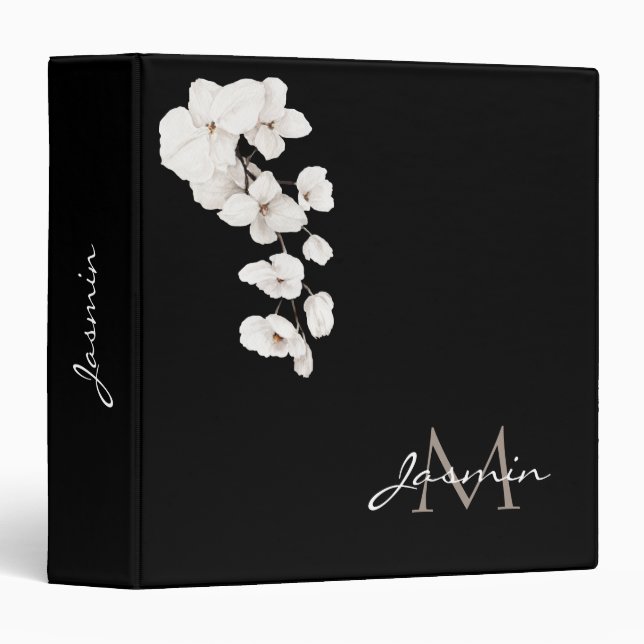 Modern Black and White Orchids Floral Monogram Binder (Front/Spine)