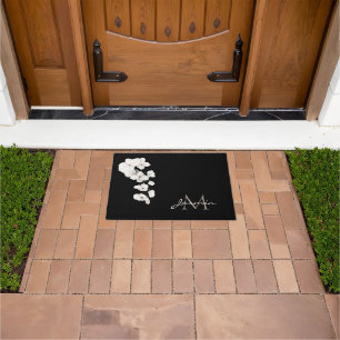 Modern Black and White Orchids Floral Monogram Doormat