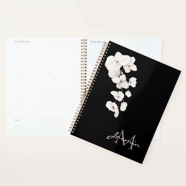 Modern Black and White Orchids Floral Monogram Planner (Display)