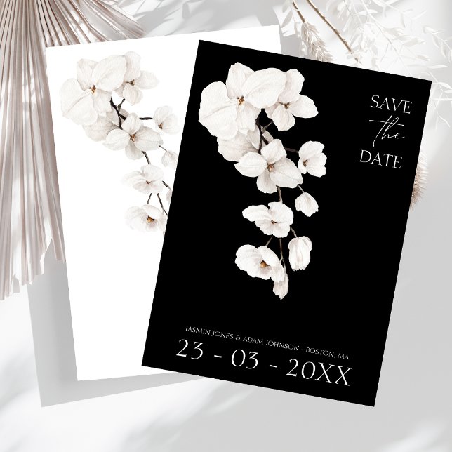 Modern Black and White Orchids Flowers Wedding Save The Date (Modern Black and White Orchids Floral Wedding Save the Dates)