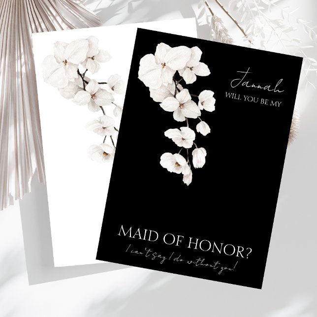 Modern Black and White Orchids Maid of Honour Invitation (Modern Black and White Orchids Flowers 'Will You Be My Maid Of Honor?' Invite)