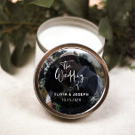 Modern Black and White Overlay | Photo Wedding Classic Round Sticker<br><div class="desc">These modern,  elegant wedding stickers feature your own personal photo covering the background completely. A sheer black circular overlay contains white trendy script typography.</div>