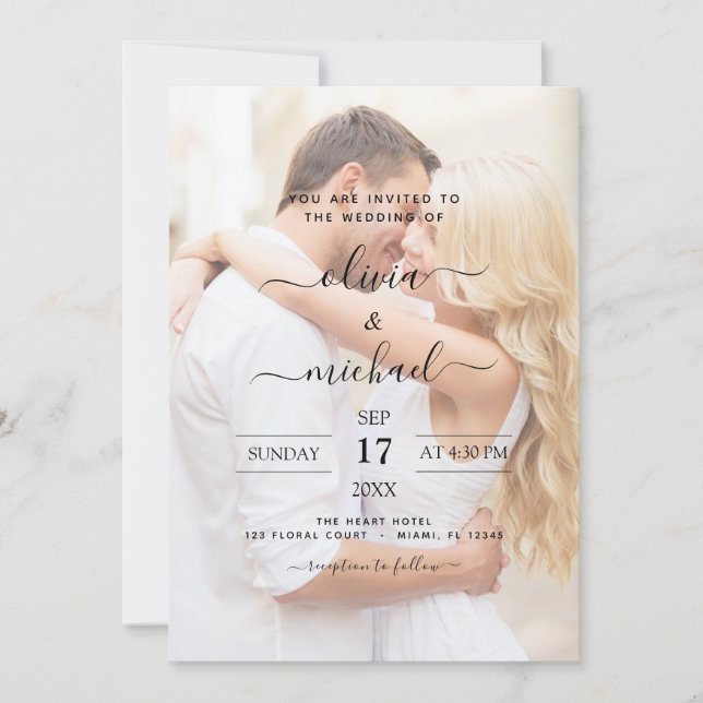 Modern Black and White Overlay Photo Wedding Invitation (Front)
