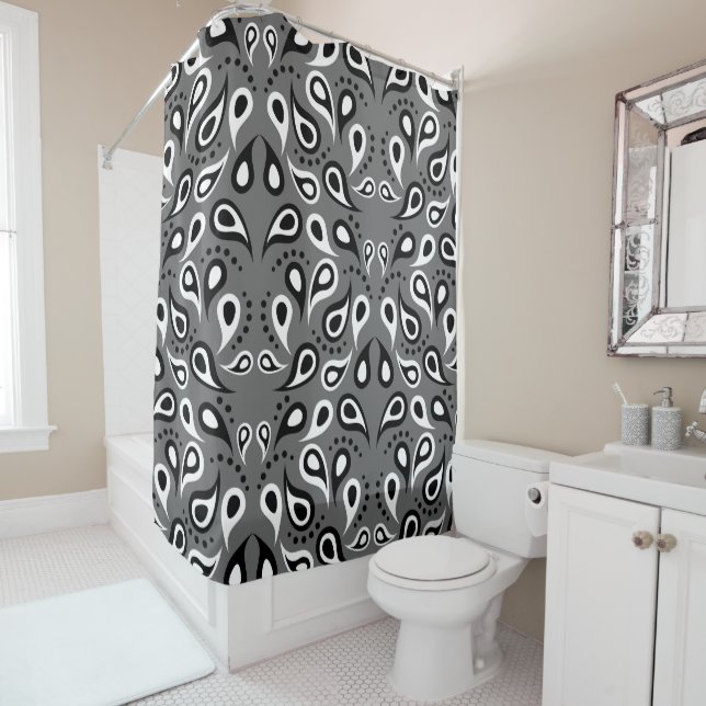 Modern Black and White Paisley On Grey (In Situ)