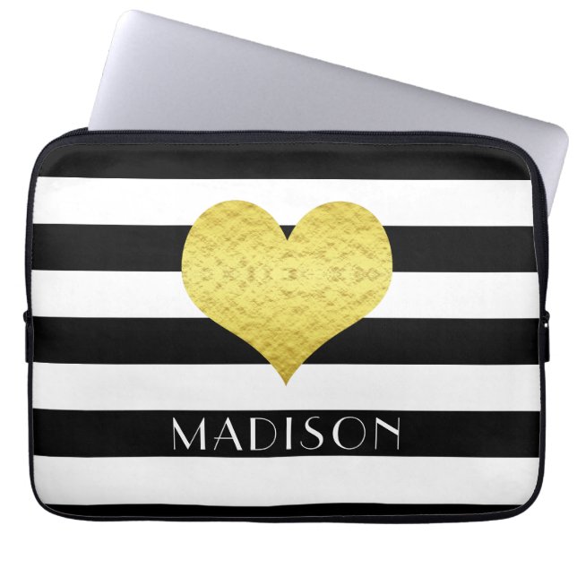 Modern Black And White Pattern Name Laptop Sleeve (Front)