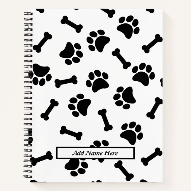 Modern Black and White Paw Print Customizable Name Notebook (Front)