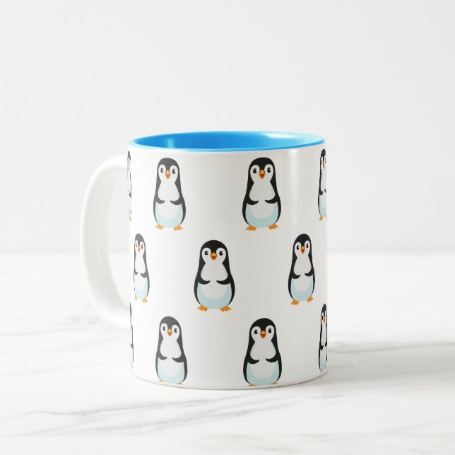 Modern Black and White Penguin Pattern Two-Tone Coffee Mug (Front Left)