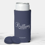 Modern Black and White Personalized Bridesmaids Se Seltzer Can Cooler<br><div class="desc">Modern Black and White Personalized Bridesmaids Gifts
featuring personalized bridesmaid's name in white elegant script font style with title in modern sans serif font style on navy blue background.

Also perfect for groomsmen,  best man,  father of the bride,  maid of honour,  flower girl,  mother of the bride and more.</div>
