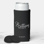 Modern Black and White Personalized Bridesmaids Seltzer Can Cooler<br><div class="desc">Modern Black and White Personalized Bridesmaids Gifts
featuring personalized bridesmaid's name in white elegant script font style with title in modern sans serif font style on black background.

Also perfect for groomsmen,  best man,  father of the bride,  maid of honour,  flower girl,  mother of the bride and more.</div>