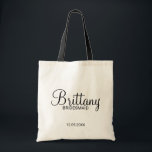 Modern Black and White Personalized Bridesmaids Tote Bag<br><div class="desc">Modern Black and White Personalized Bridesmaids Gifts
featuring personalized bridesmaid's name in modern calligraphy font style with title and wedding date in modern sans serif font style.

Also perfect for Maid of Honour,  Flower Girl,  Mother of the Bride and more.</div>