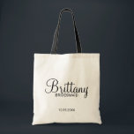 Modern Black and White Personalized Bridesmaids Tote Bag<br><div class="desc">Modern Black and White Personalized Bridesmaids Gifts
featuring personalized bridesmaid's name in modern calligraphy font style with title and wedding date in modern sans serif font style.

Also perfect for Maid of Honour,  Flower Girl,  Mother of the Bride and more.</div>
