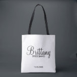 Modern Black and White Personalized Bridesmaids Tote Bag<br><div class="desc">Modern Black and White Personalized Bridesmaids Gifts
featuring personalized bridesmaid's name in modern calligraphy font style with title and wedding date in modern sans serif font style.

Also perfect for Maid of Honour,  Flower Girl,  Mother of the Bride and more.</div>