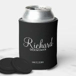 Modern Black and White Personalized Groomsman Can Cooler<br><div class="desc">Modern Black and White Personalized Groomsman Gifts
featuring personalized groomsman's name in white modern script font style with title and wedding date in modern sans serif font style on black background.

Also perfect for best man,  father of the bride,  bridesmaid,  maid of honour,  mother of the bride and more.</div>