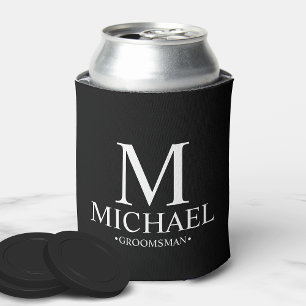 Modern Black and White Personalized Groomsman Can Cooler