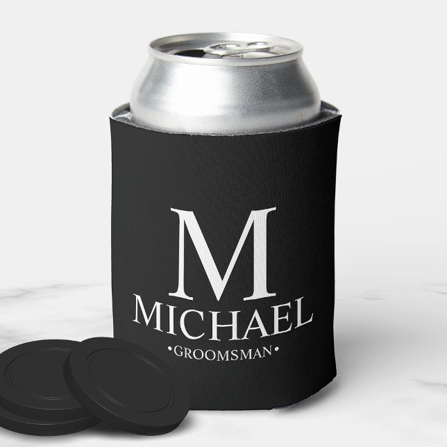 Modern Black and White Personalized Groomsman Can Cooler (Creator Uploaded)