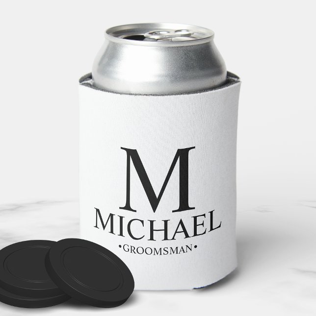 Modern Black and White Personalized Groomsman Can Cooler (Creator Uploaded)