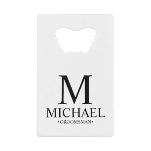 Modern Black and White Personalized Groomsman Credit Card Bottle Opener