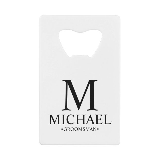 Modern Black and White Personalized Groomsman Credit Card Bottle Opener (Front)