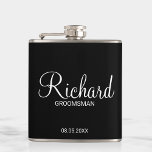 Modern Black and White Personalized Groomsman Hip Flask<br><div class="desc">Modern Black and White Personalized Groomsman Gifts
featuring personalized groomsman's name in white modern script font style with title and wedding date in modern sans serif font style on black background.

Also perfect for best man,  father of the bride,  bridesmaid,  maid of honour,  mother of the bride and more.</div>