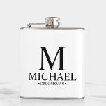 Modern Black and White Personalized Groomsman Hip Flask<br><div class="desc">Modern Black and White Personalized Groomsman Gifts
featuring personalized monogram,  groomsman's name and title in classic serif font style.

Also perfect for Best Man,  Father of the Bride and more.</div>