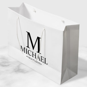 Modern Black and White Personalized Groomsman Large Gift Bag