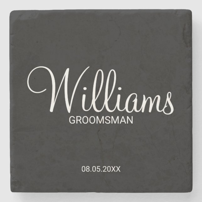 Modern Black and White Personalized Groomsman Stone Coaster (Front)