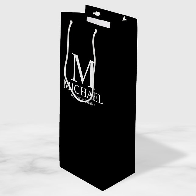 Modern Black and White Personalized Groomsman Wine Gift Bag (Creator Uploaded)