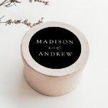Modern Black and White Personalized Wedding Classic Round Sticker<br><div class="desc">Seal your invitation envelopes or favours with our elegant wedding stickers. The custom wedding stickers feature your names in a white calligraphy script with a black background or colour of your choice. Design coordinates with our Modern Elegance wedding collection.</div>