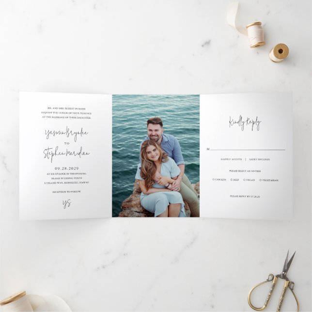 Modern Black and White Photo Chic Wedding Tri-Fold Invitation (Inside)