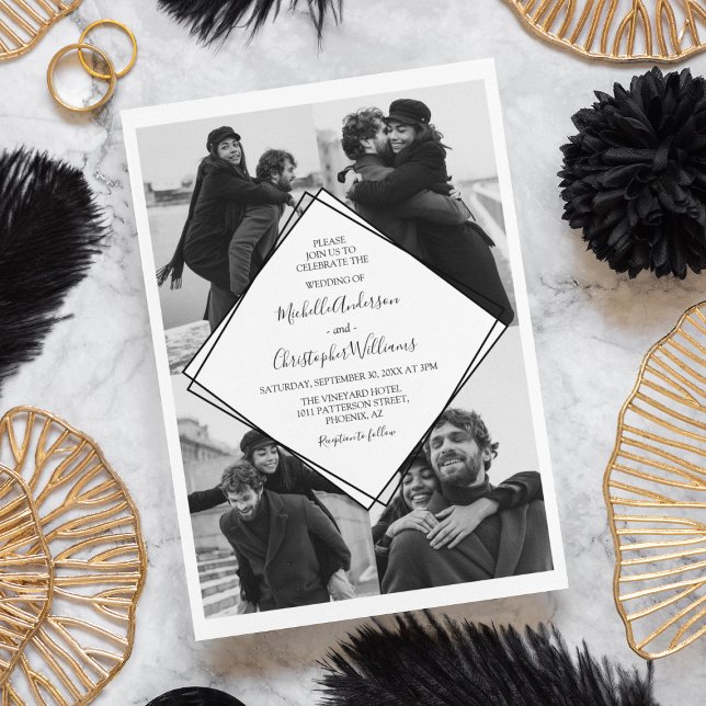 Modern Black And White Photo Collage Wedding Invitation (Creator Uploaded)