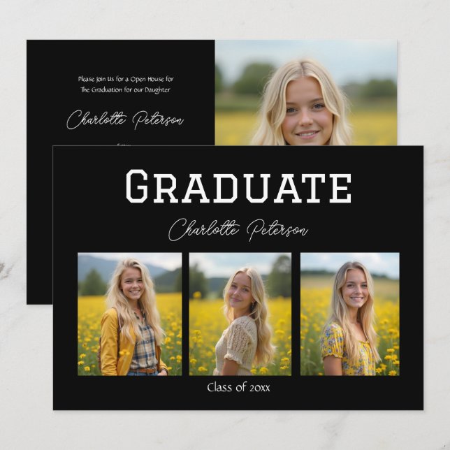 Modern Black and White Photo Graduation  Invitation (Front/Back)