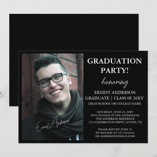 Modern Black and White Photo Graduation Invitation (Front/Back)