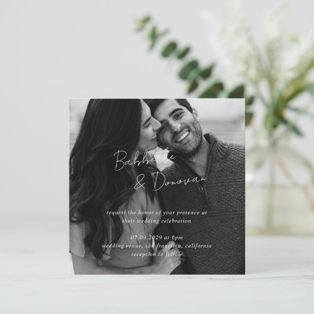 Modern Black and White Photo Minimalist Wedding Invitation (Standing Front)