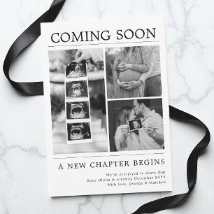 Modern Black and White Photo Newspaper Pregnancy Announcement