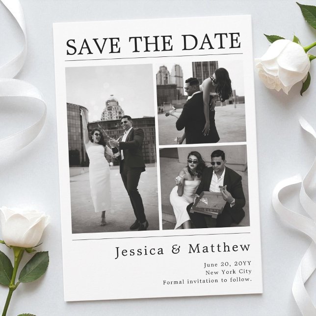 Modern Black and White Photo Newspaper Wedding Save The Date (Modern Black and White Photo Newspaper Wedding Save The Date)