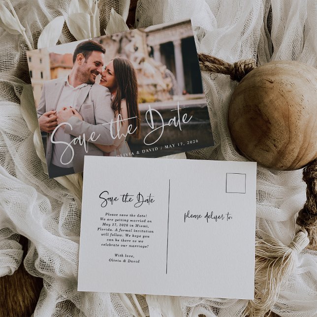 Modern Black and White | Photo Save the Date Postcard (Creator Uploaded)