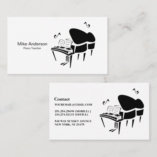 Modern Black and White Piano Teacher Business Card (Front/Back)