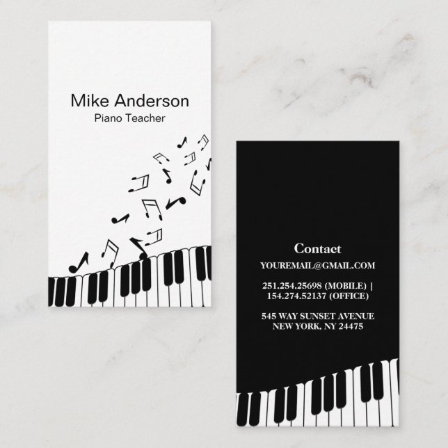 Modern Black and White Piano Teacher Business Card (Front/Back)