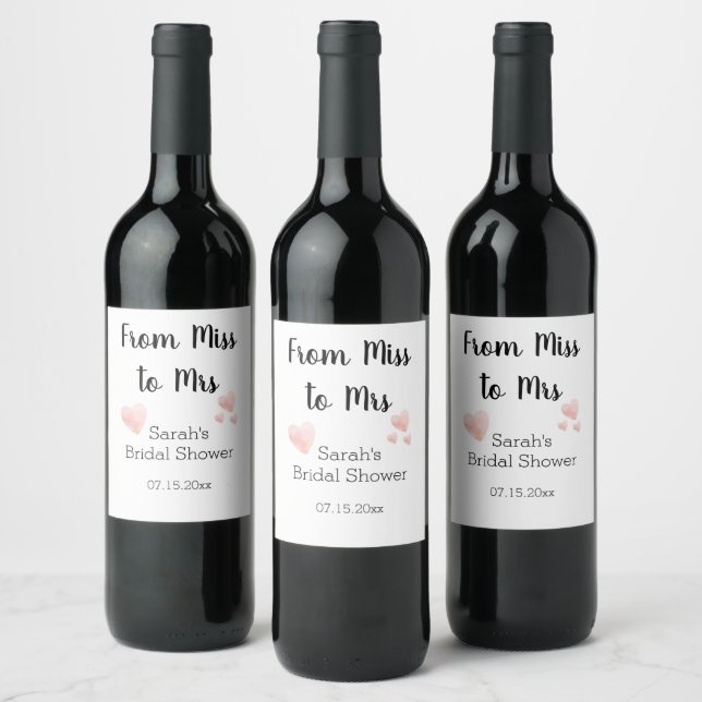 Modern Black and White Pink Hearts Bridal Shower Wine Label (Bottles)