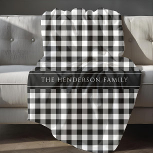Modern Black And White Plaid Family Name Fleece Blanket