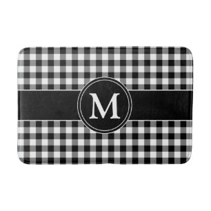 Modern Black And White Plaid Monogram Bath Mat