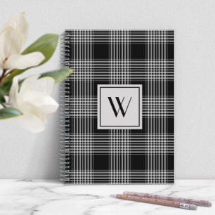 Modern Black And White Plaid Monogram Notebook