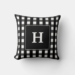 Modern Black And White Plaid Monogram Throw Pillow