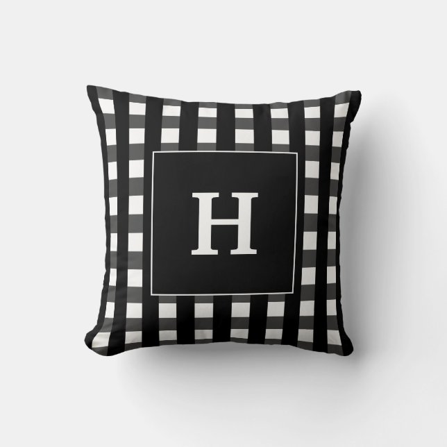 Modern Black And White Plaid Monogram Throw Pillow (Front)