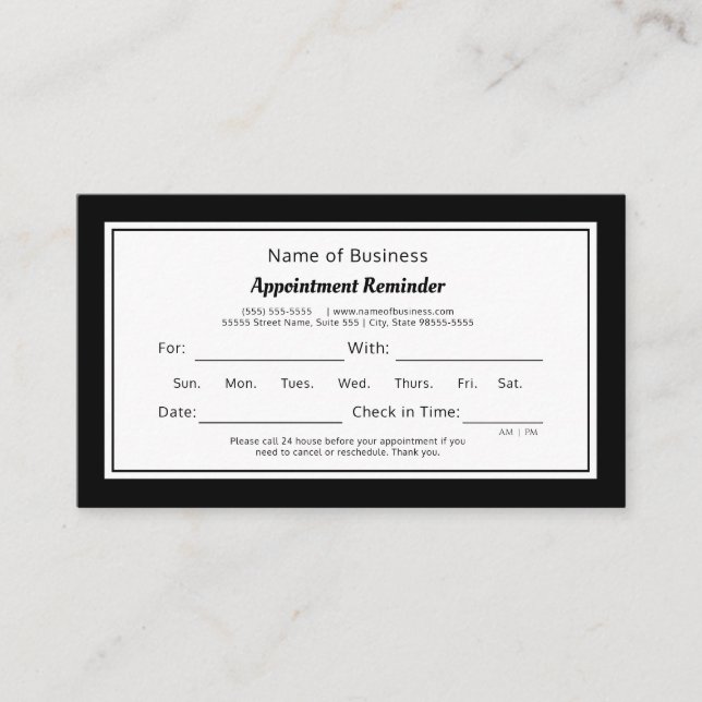 Modern Black and White Plain Appointment Reminder (Front)