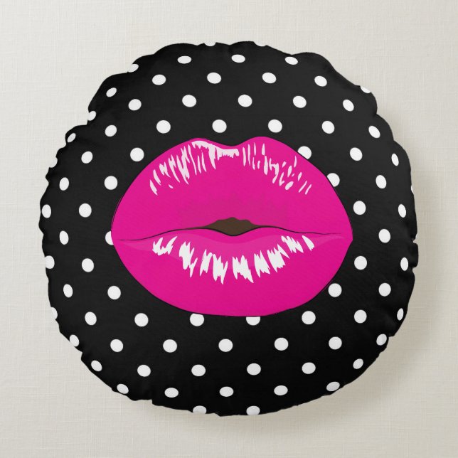 Modern black and white polka dot lips kiss fashion round pillow (Front)