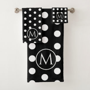 Modern Black and White Polka Dots Monogram Bath Towel Set